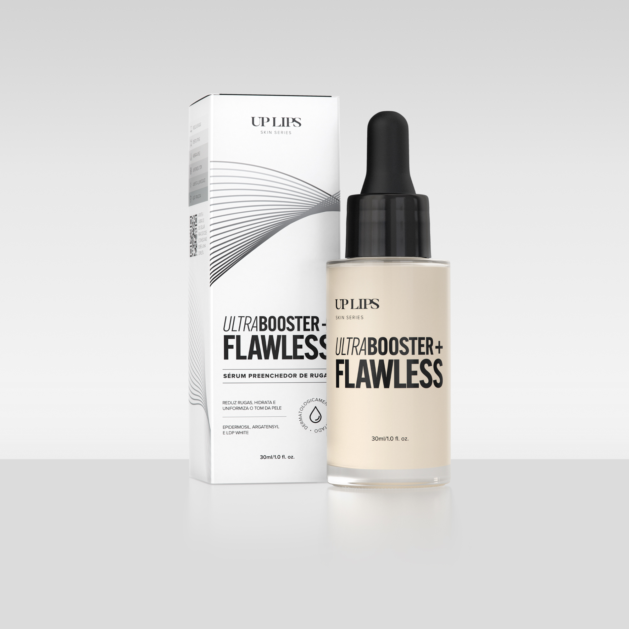  Imagem do produto Sérum Ultrabooster + Flawless da Up Lips, sérum preenchedor de rugas do lado da embalagem que o produto vem dentro