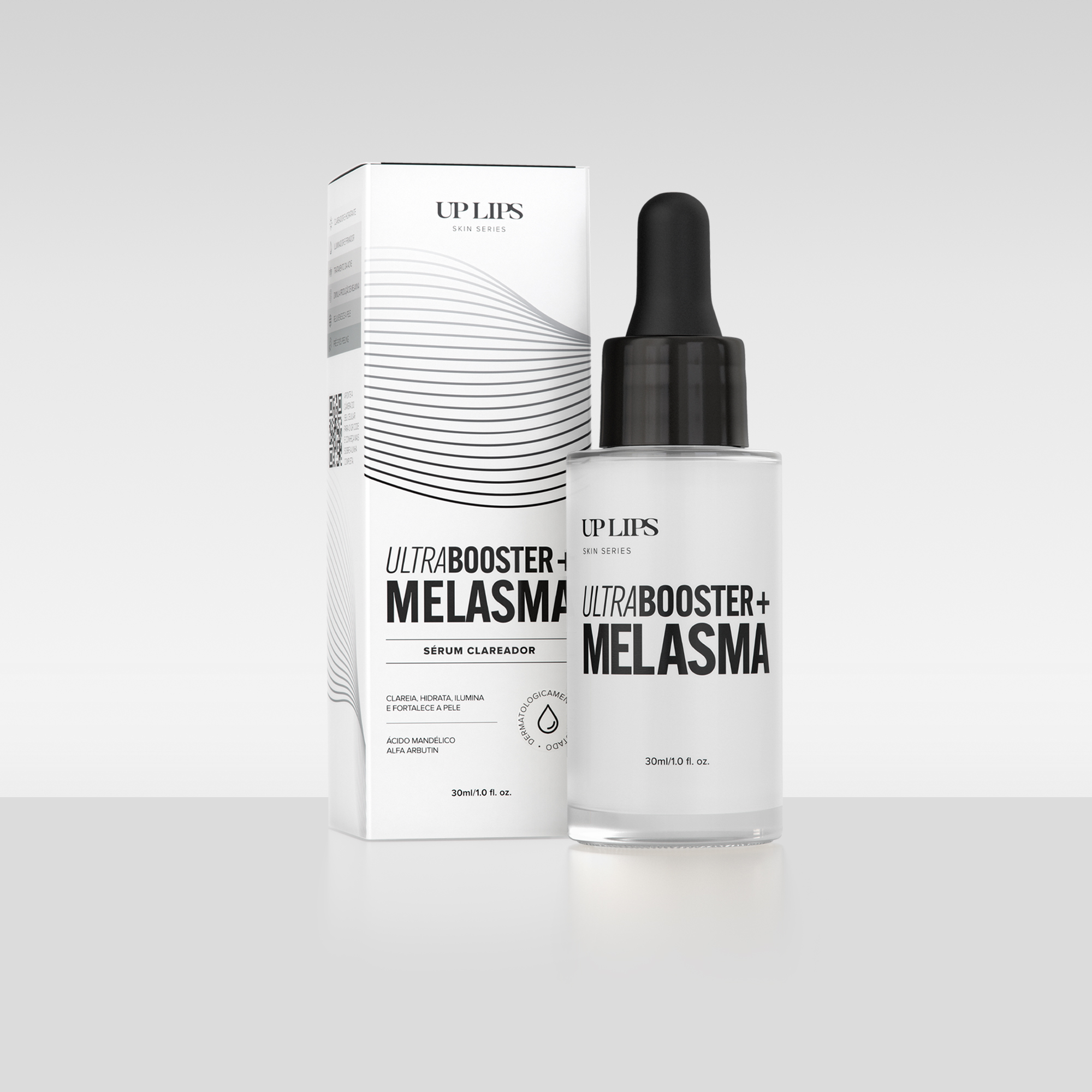  Imagem do produto Sérum Ultrabooster + Melasma da Up Lips, sérum clareador do lado da embalagem que o produto vem dentro