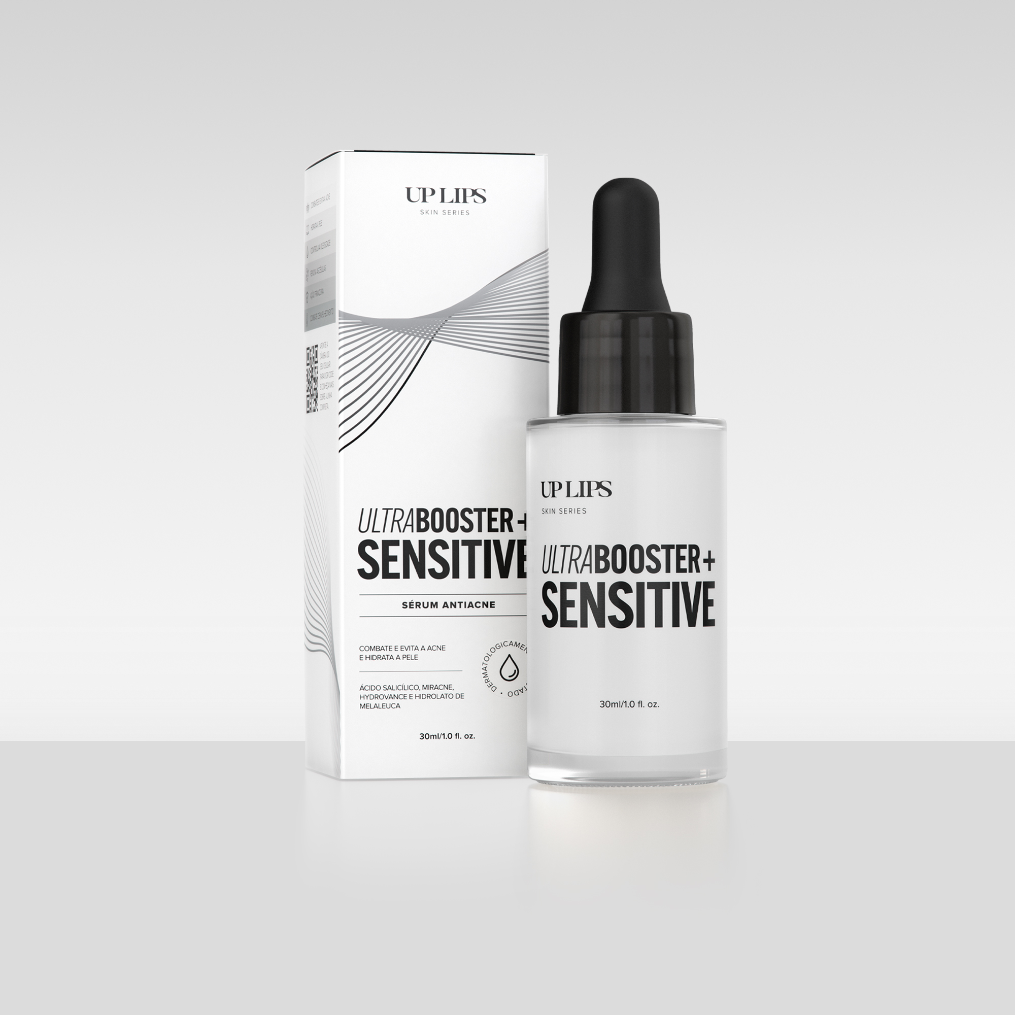 Imagem do produto Sérum Ultrabooster + Sensitive da Up Lips, sérum antiacne do lado da embalagem que o produto vem dentro